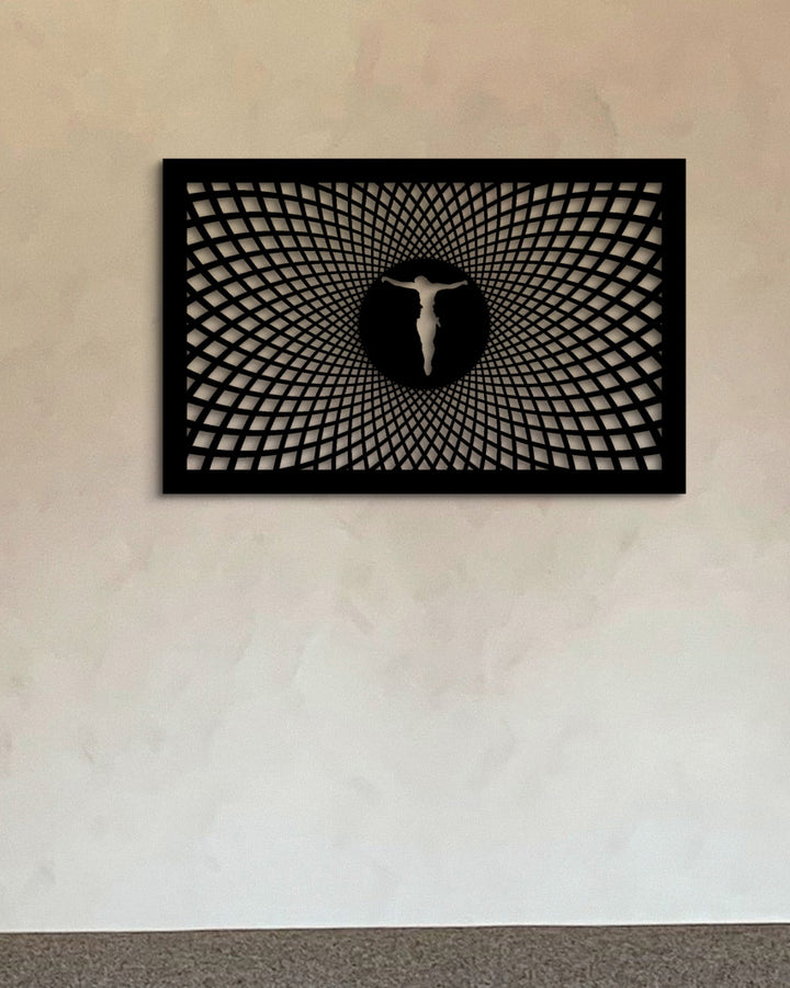 Modern christelijk kruis als betekenisvolle wanddecoratie in een lichte hal.
