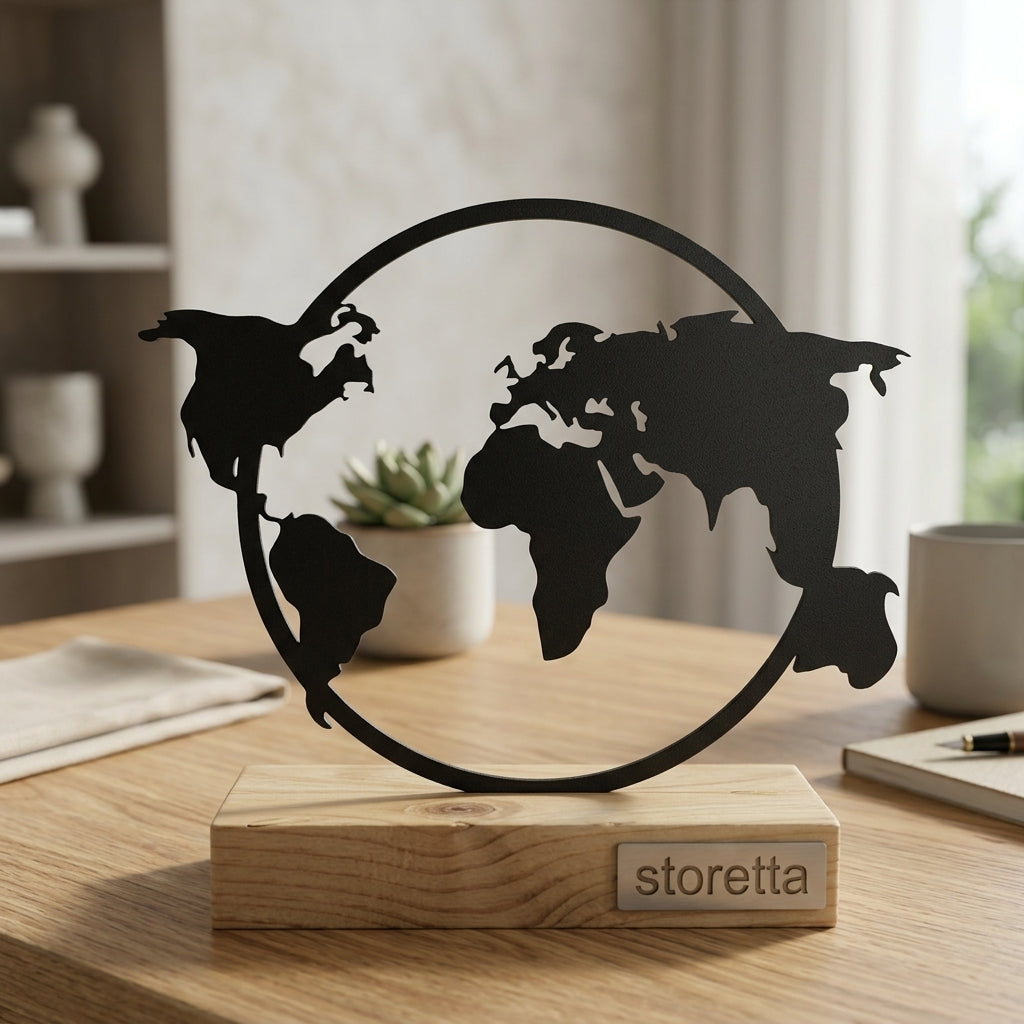 Wereldkaart metalen beeld op houten voet als stijlvolle bureaudecoratie en luxe bureau accessoire.