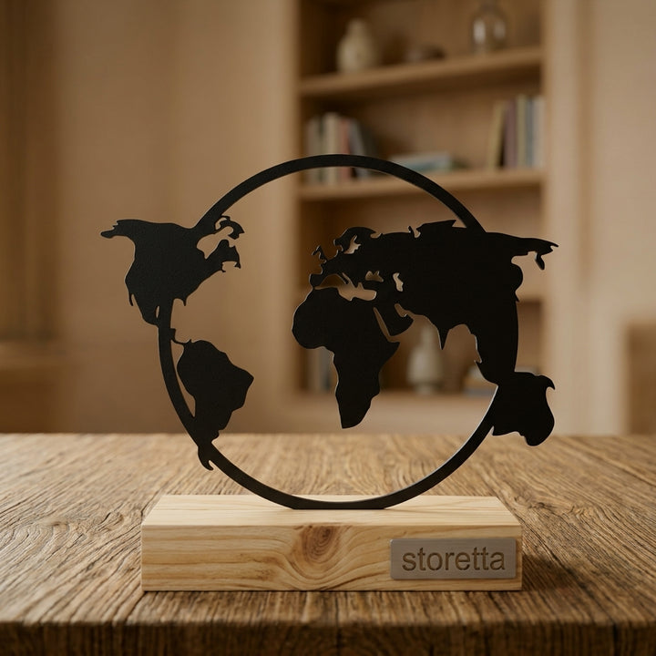 Metalen wereldkaart sculptuur en hout decoratie, ideaal als duurzaam relatiegeschenk van hout en metaal.