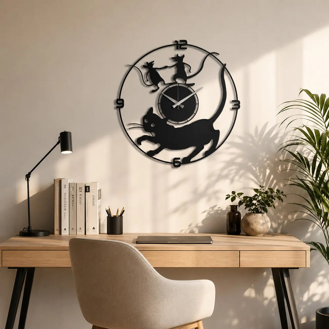 Grappige kat en muizen metalen klok aan de muur in een thuiskantoor of werkkamer. Een speelse touch aan je werkplek en geruisloos voor optimale concentratie.