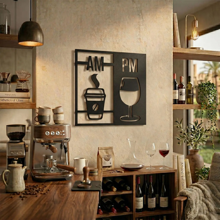 Stijlvolle 'AM PM' wandkunst, ideaal voor de wijnliefhebber in de keuken. Stylish 'AM PM' wall art, ideal for the wine lover in the kitchen.