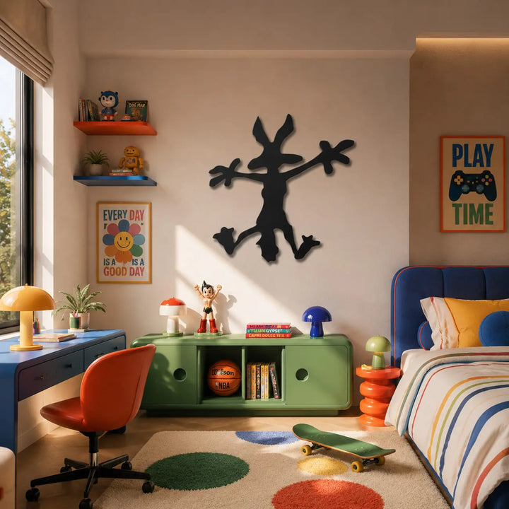 Grappige metalen wanddecoratie van Wile E. Coyote. Een speelse en vrolijke toevoeging voor aan de muur boven het nachtkastje in de kinderkamer.