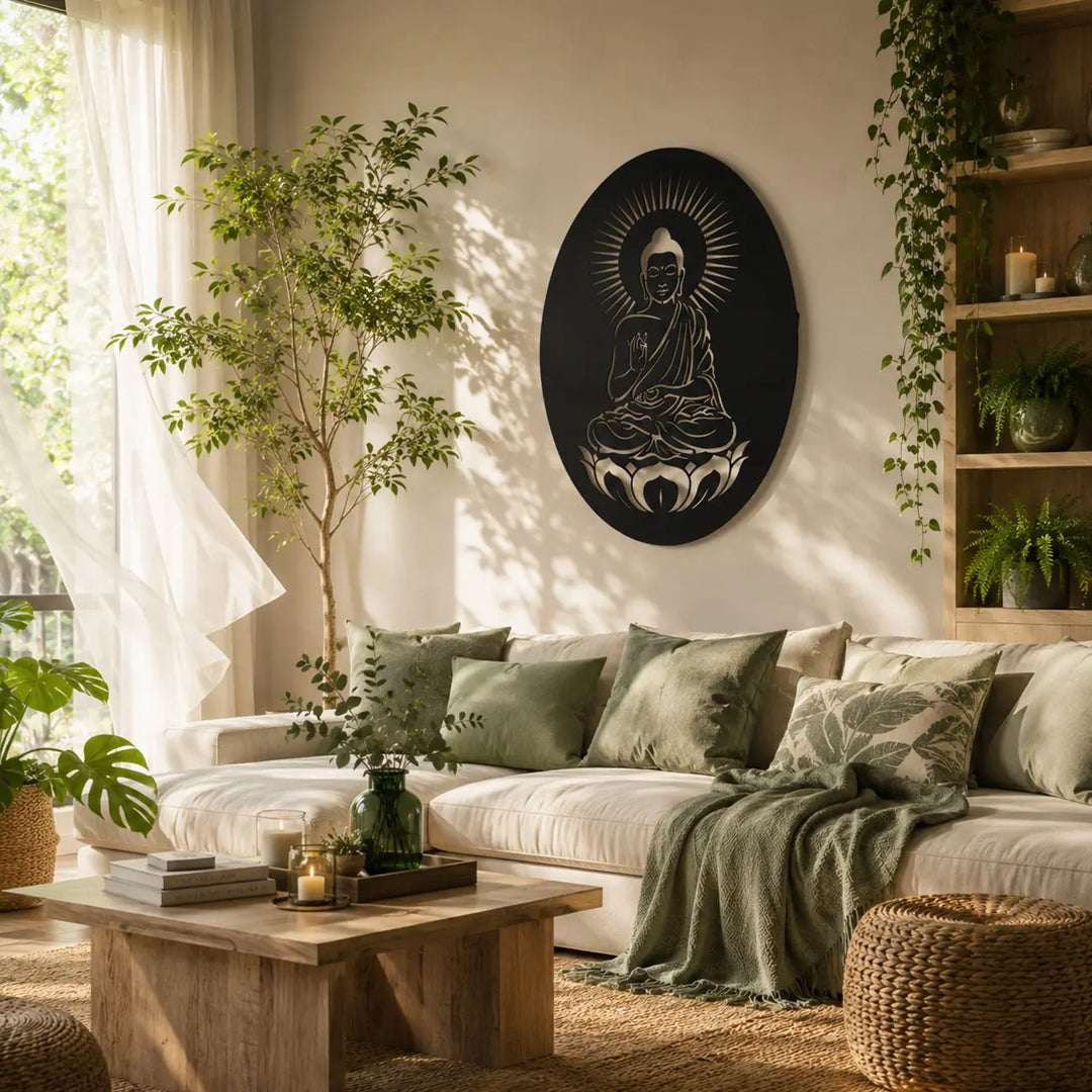 Breng balans in je woonkamer met deze ovale Boeddha wanddecoratie. Doorbreekt rechte lijnen en zorgt voor een warme, zen uitstraling.