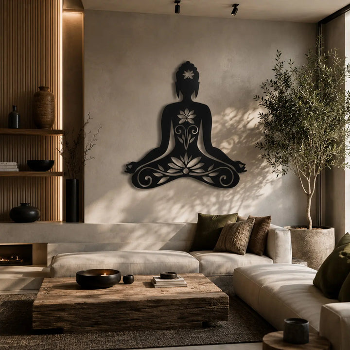 Geef je woonkamer een warme, spirituele touch met de Boeddha Lotus wanddecoratie. Ideaal voor een Japandi of Bohemian interieur.