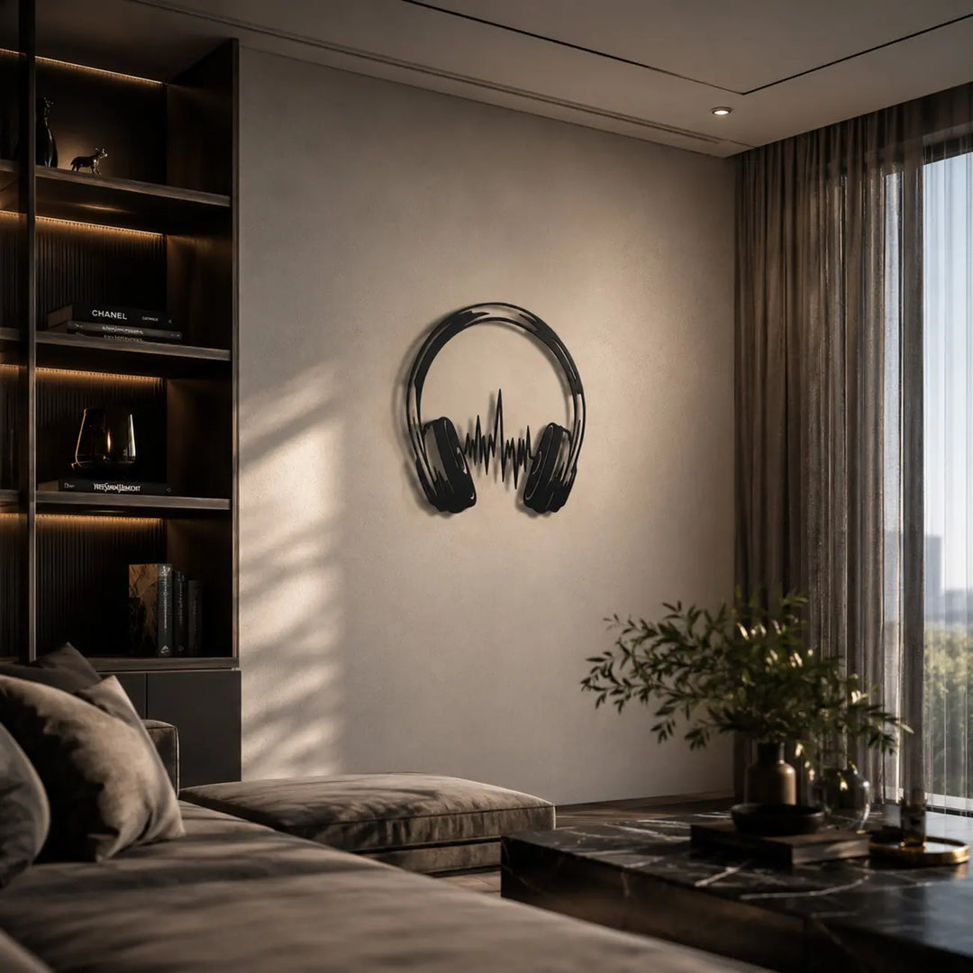 Breng je liefde voor muziek naar de woonkamer! De metalen 'Soundwave' wanddecoratie met koptelefoon is dé industriële eyecatcher voor boven de bank of tv.