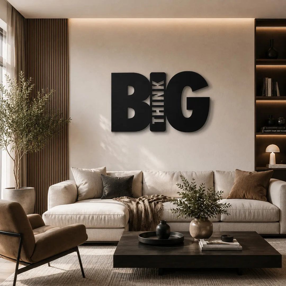 Maak een stoer statement in je woonkamer met deze moderne typografie kunst. De 'Think Big' metalen wanddecoratie zorgt voor een dagelijkse dosis inspiratie. 