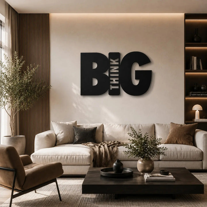 Maak een stoer statement in je woonkamer met deze moderne typografie kunst. De 'Think Big' metalen wanddecoratie zorgt voor een dagelijkse dosis inspiratie. 