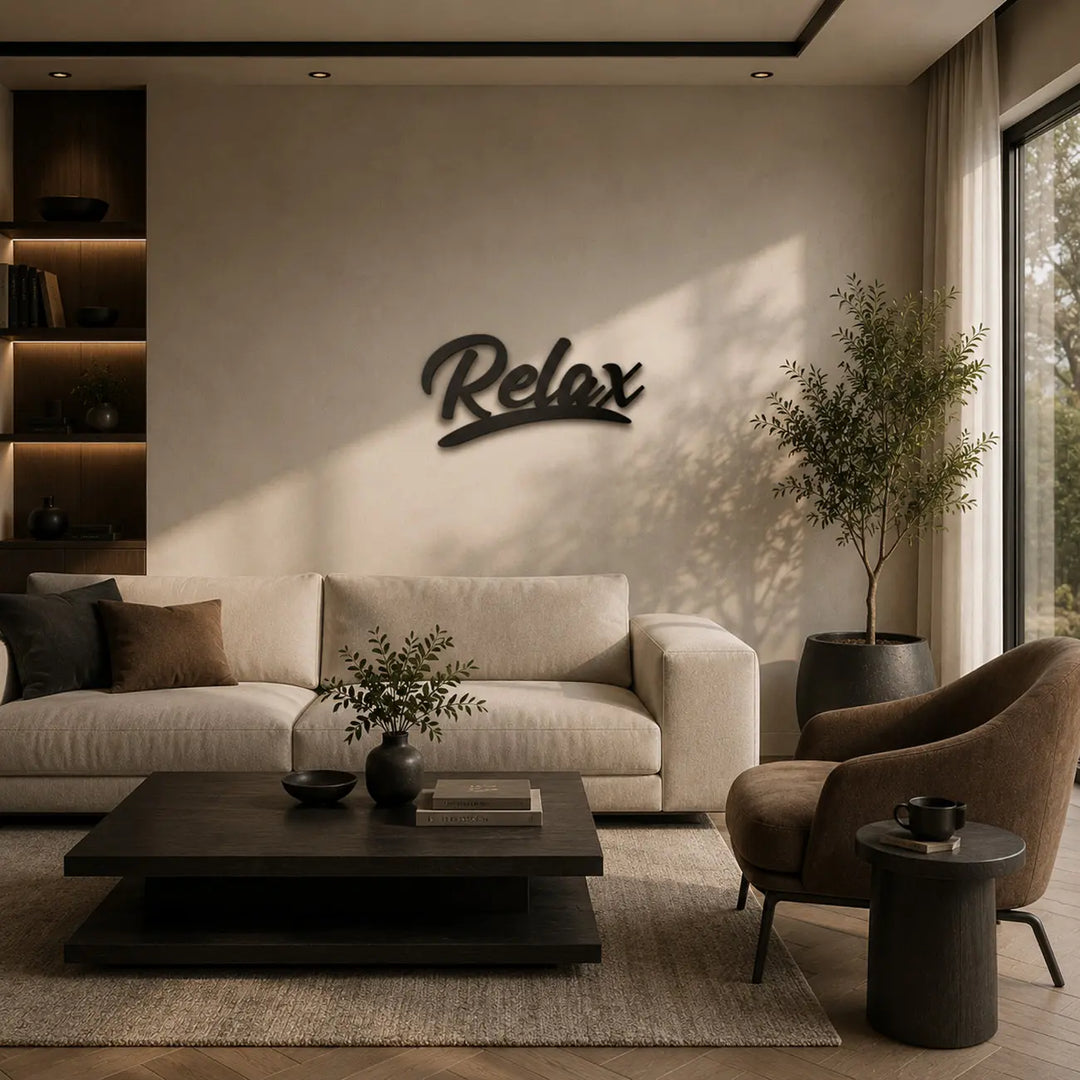 Zwarte metalen wandtekst Relax, sfeervol hangend boven een comfortabele bank in een moderne woonkamer.