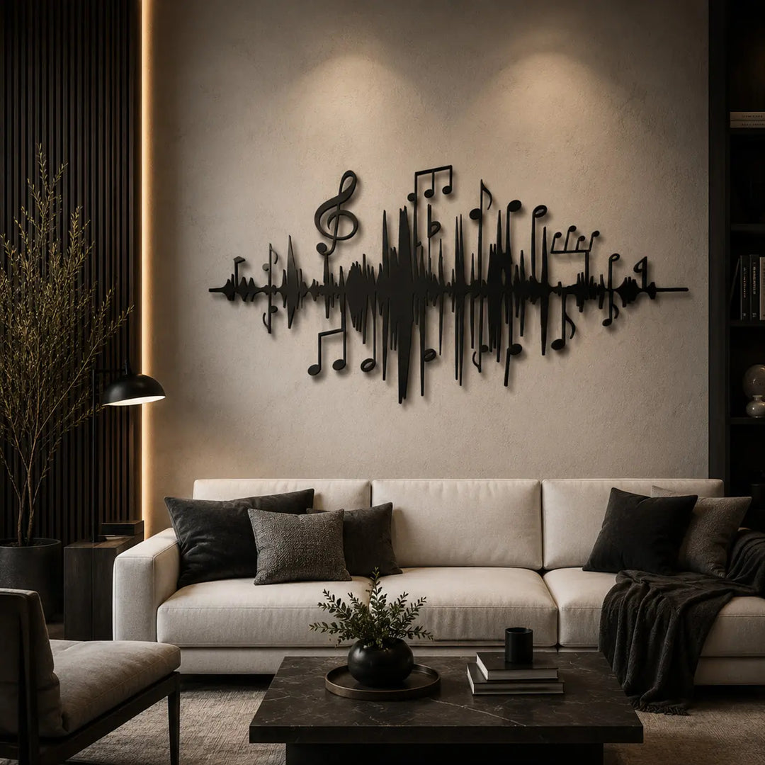 Zwarte metalen geluidsgolf wanddecoratie als moderne eyecatcher boven een comfortabele bank in de woonkamer.