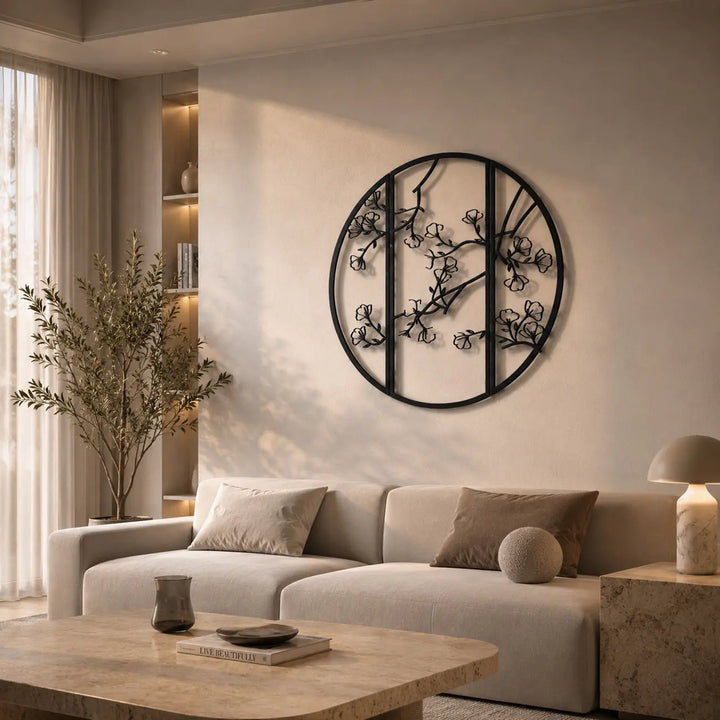Doorbreek de rechte lijnen in je interieur. Geef je woonkamer een natuurlijke touch met de ronde bloesemtakken muurkunst van zwart metaal