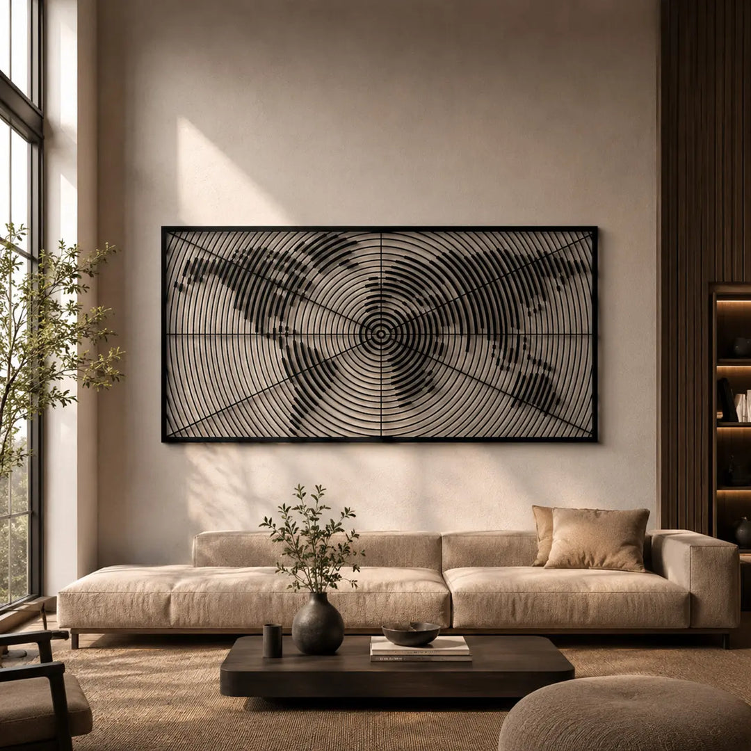 Grote zwarte metalen wereldkaart wanddecoratie, als industriële en inspirerende eyecatcher stijlvol hangend boven een comfortabele bank in de woonkamer.