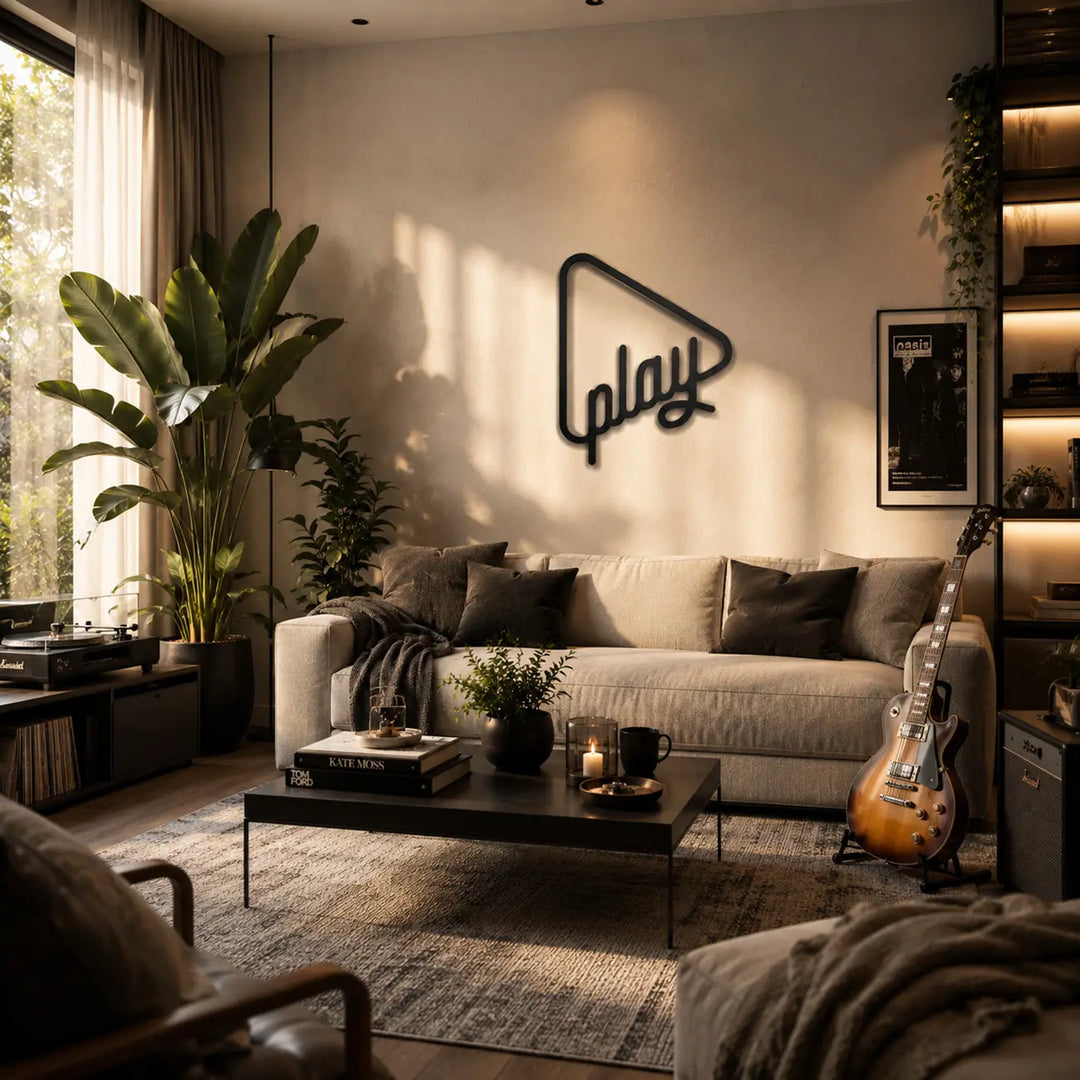 Minimalistische metalen 'Just Play' wandkunst boven het tv-meubel in de woonkamer. Creëer een stijlvolle en speelse entertainment hoek.