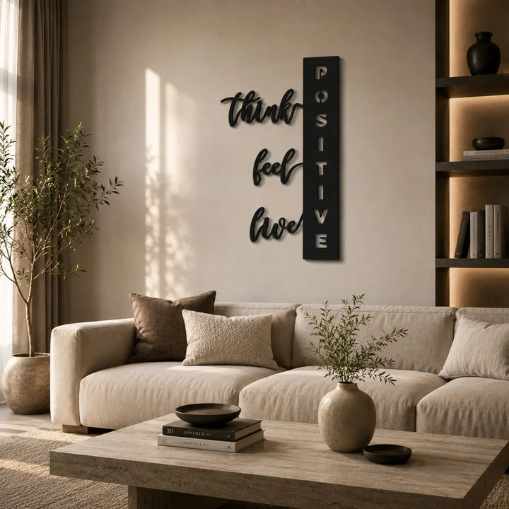 Breng positieve energie in je woonkamer. De verticale 'Think Feel Live Positive' metalen quote past perfect op smalle tussenmuren en pilaren.