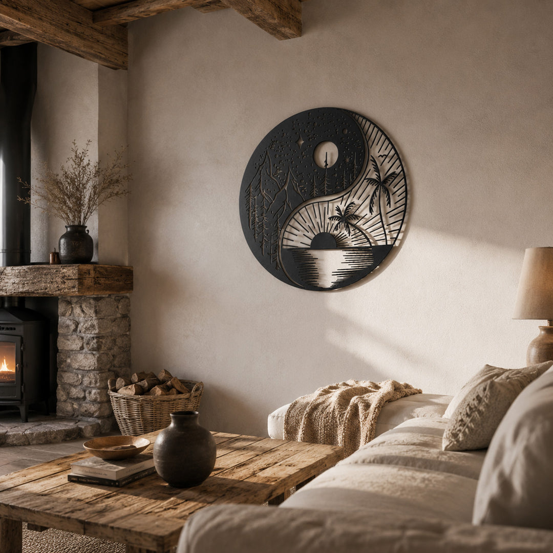 Breng harmonie in de woonkamer met de 'Yin Yang World' metalen wanddecoratie. Bring harmony to the living room with the 'Yin Yang World' metal wall decor.