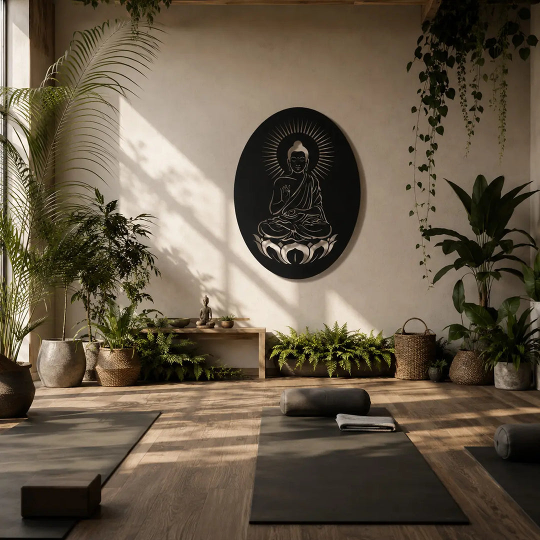 Maak je yogakamer of meditatiehoek compleet met deze spirituele Boeddha aura wanddecoratie. Voor ultieme focus, rust en mindfulness
