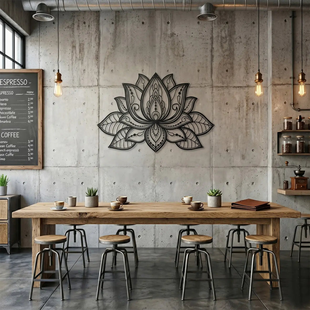 Zen sfeer in de werkkamer met een strakke metalen lotus wandschilderij aan de muur.