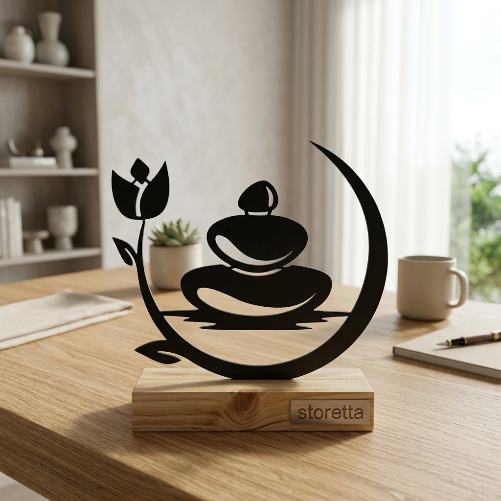 Zen Balans beeldje op sokkel met lotus en halve maan voor meditatieruimte, dressoir of vensterbank.