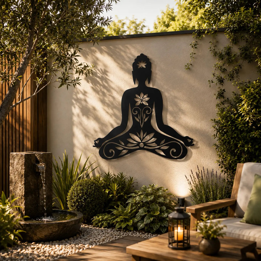 Creëer een rustgevende zen-tuin of sfeervolle overkapping met de metalen 'Boeddha Lotus' wanddecoratie. Weerbestendig en stijlvol matzwart.