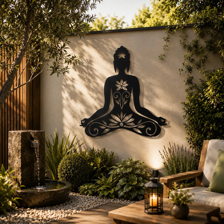 Creëer een rustgevende zen-tuin of sfeervolle overkapping met de metalen 'Boeddha Lotus' wanddecoratie. Weerbestendig en stijlvol matzwart.