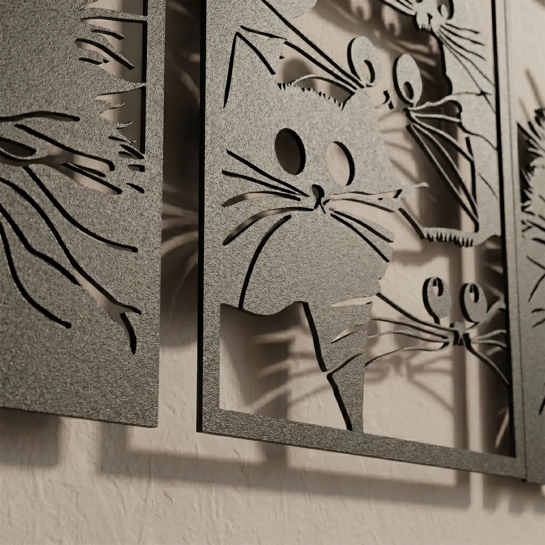 Detailopname van de premium Zero VOC poedercoating op onze metalen katten wandkunst. Duurzaam, krasvast en 100% kindvriendelijk.