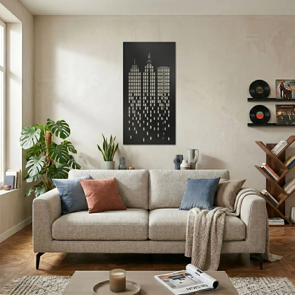 Breng de stedelijke sfeer in huis met de metalen muurdecoratie 'De Ziel van de Stad', ideaal voor boven de bank in de woonkamer.