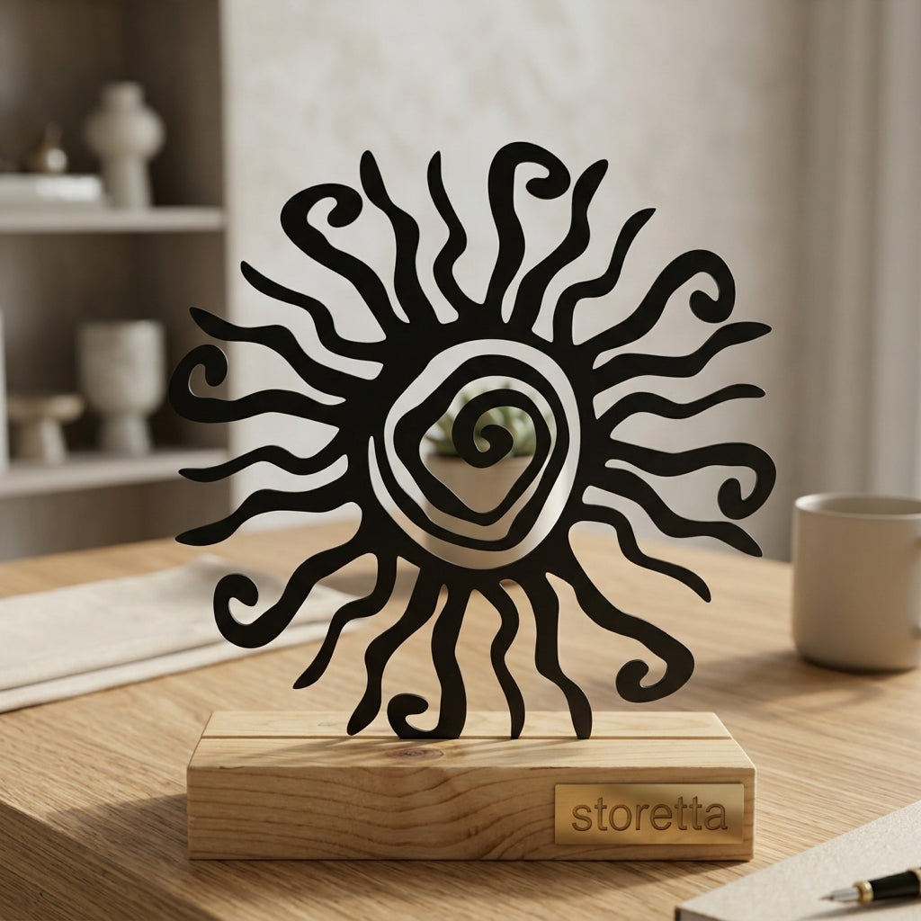 Mystieke zon beeldje op sokkel met centrale spiraal voor dressoir, meditatieruimte of vensterbank.