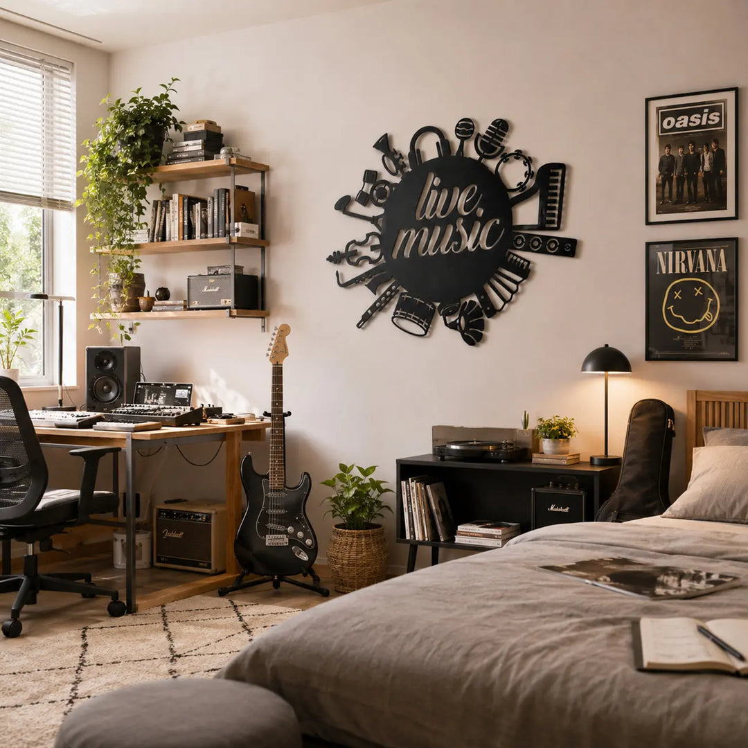 'Live Music' 3D metalen wanddecoratie in mat zwart, perfect als inspirerende blikvanger in een gecombineerde slaapkamer en hobbyruimte.