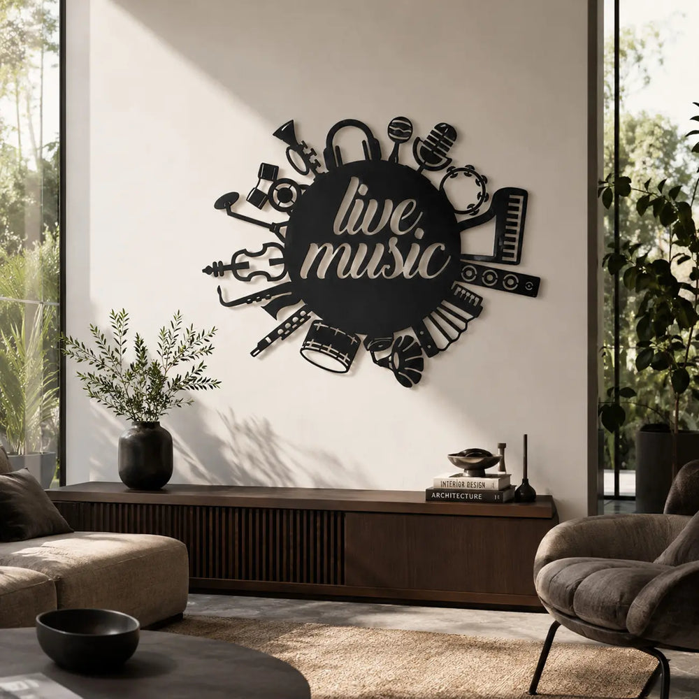 Live Music' 3D metalen wanddecoratie in mat zwart, prachtig opgehangen boven de bank als stijlvolle blikvanger in een moderne woonkamer.