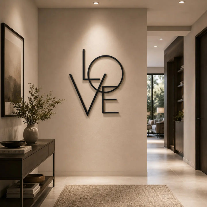 'Love' 3D metalen wanddecoratie in mat zwart, een warme en uitnodigende blikvanger voor in de hal of entree.