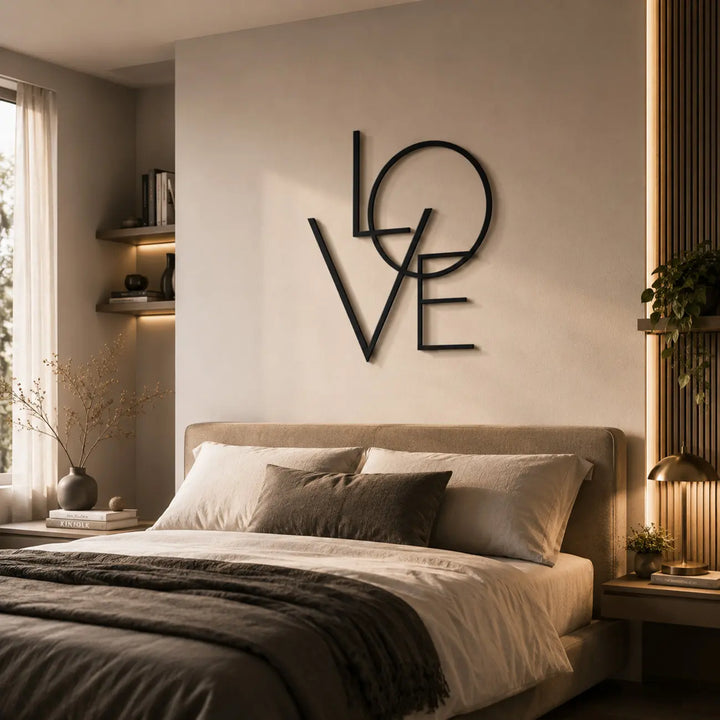 Romantische 'Love' 3D metalen wanddecoratie in mat zwart, sfeervol opgehangen boven het bed als blikvanger in de slaapkamer.