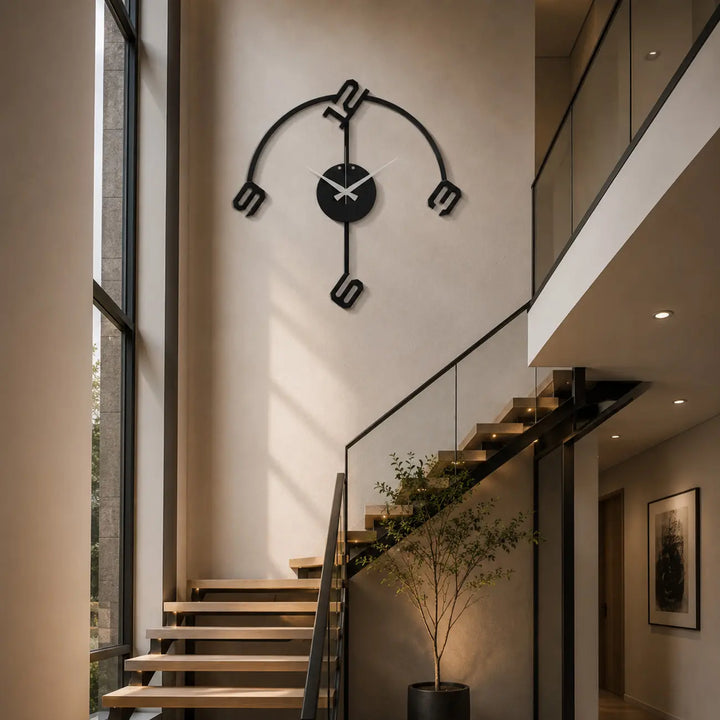 Grote zwarte metalen wandklok met een modern Arc design, perfect als stijlvolle wanddecoratie voor een hoge muur in het trappengat of de hal.